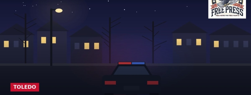 Fostoria News Nighttime scene with police car and houses, Toledo news headline about rape and strangulation.